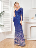 Plus Size Blue Sequin Dress Flared Sleeves