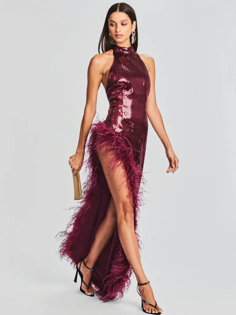 Long Sleeve Wine Red Sequin Backless Dress Feather