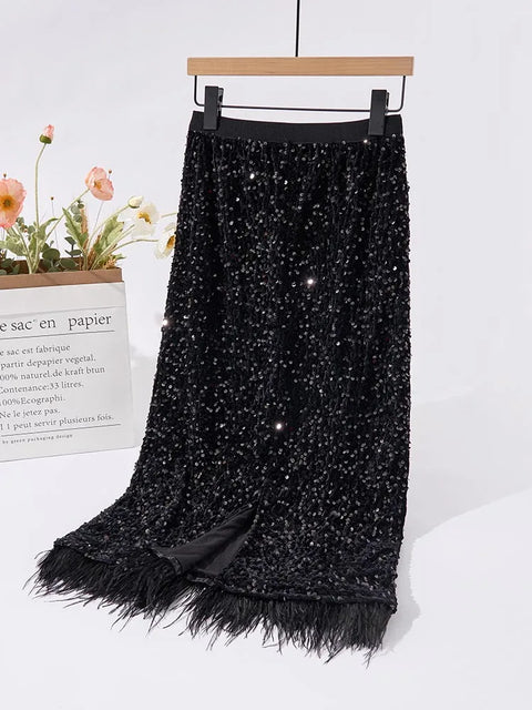 Black Fringe Sequin Skirt