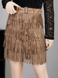 Brown Fringed Mini Skirt Rhinestones