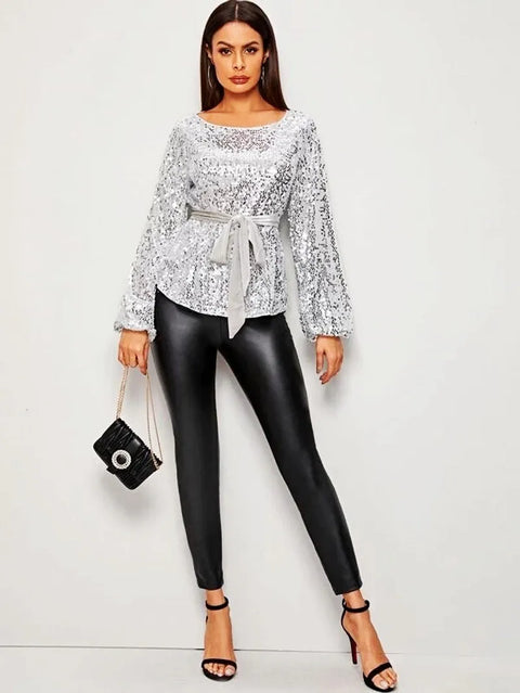 Sequin Long Sleeve Top Belt