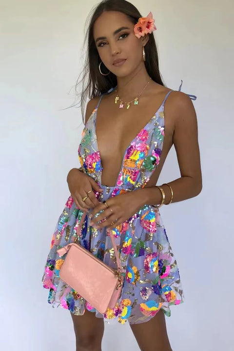 Sequin V Neck Strapless Mini Dress