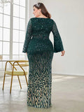 Plus Size Green Sequin Dress Flared Sleeves