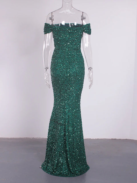 Emerald Green Glitter Dress Off Shoulder