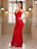 Red V Neck Sequin Dress