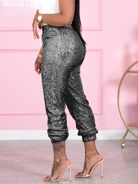 Sequin Pants Slim High Waist