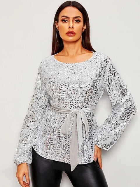 White Sequin Long Sleeve Top Belt