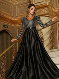 Black Striped Sequin Ball Gown Long Sleeve