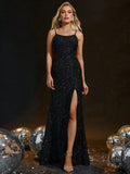 Black Sequin Halter Dress With Straps