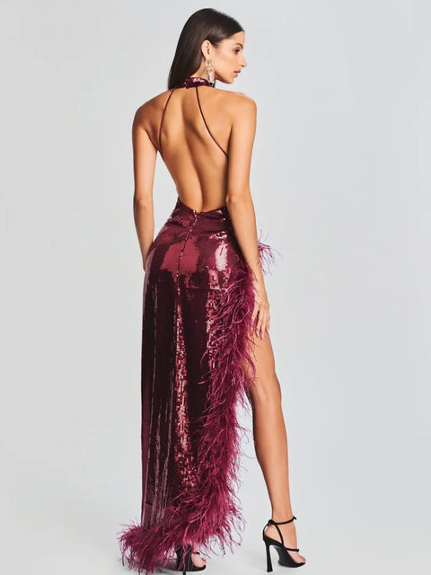 Long Sleeve Wine Red Sequin Backless Dress Feather