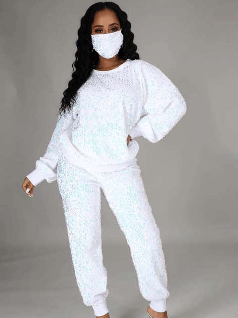 White Sequin Two Piece Set Sport