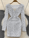 White V Neck Sequin Dress