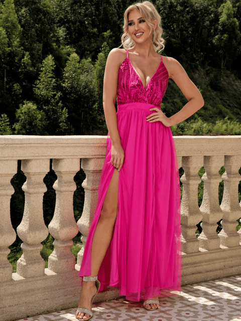 Pink Long Sequin Dress With Split