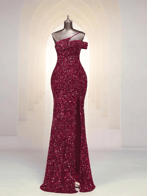 burgundy Split Sequin Dresses With Straps