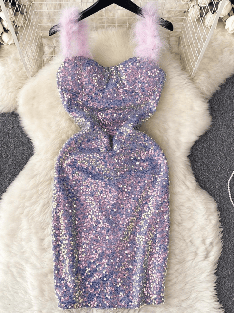 Purple Sequin Dress Feather Strap