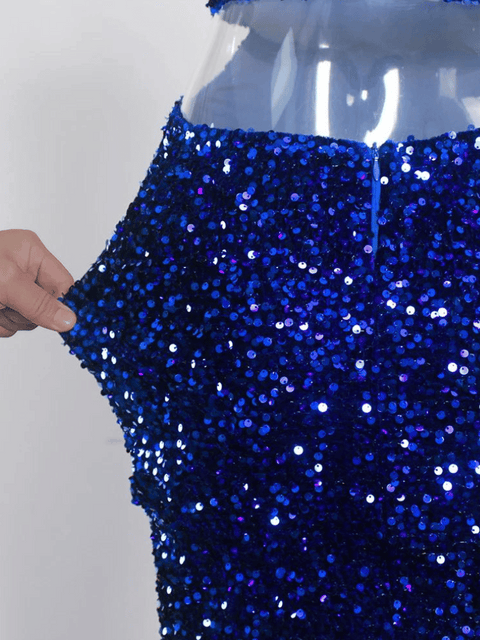 Blue Sequin Strapless Halter Dress