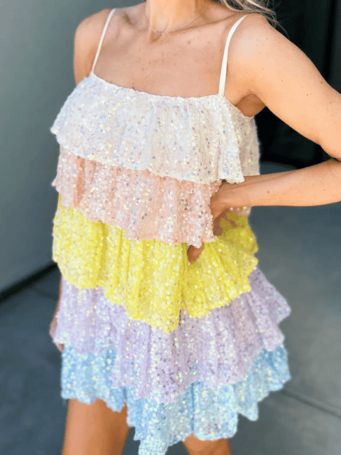 Rainbow Sequin Pleated Dress