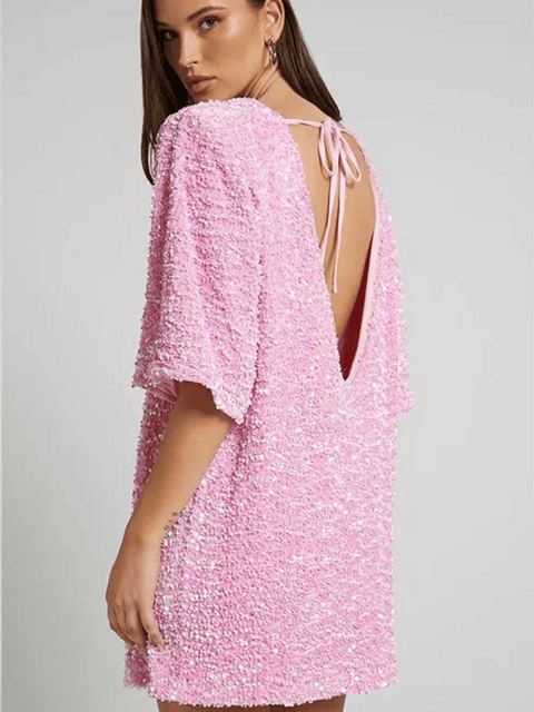 Sequin Halter Shirt Dress pink