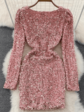 Pink V Neck Sequin Dress