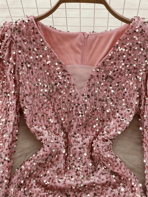 Pink V Neck Sequin Dress