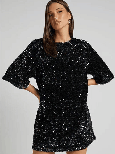 Sequin Halter Shirt Dress black