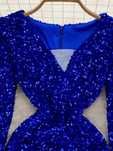 Blue  V Neck Sequin Dress