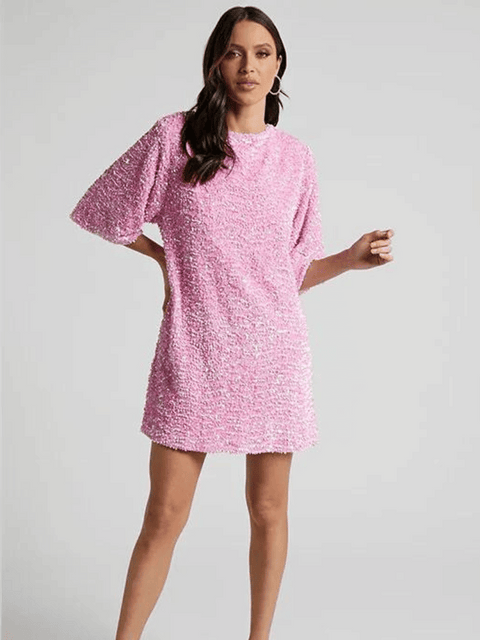 Sequin Halter Shirt Dress Pink