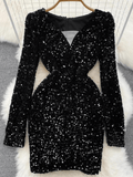 Black V Neck Sequin Dress