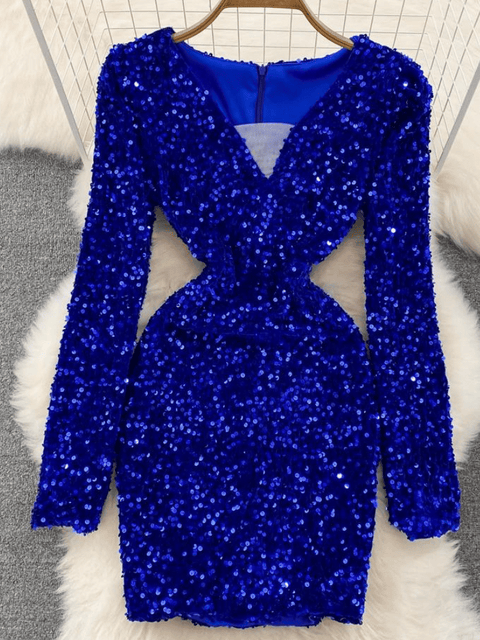 Blue  V Neck Sequin Dress