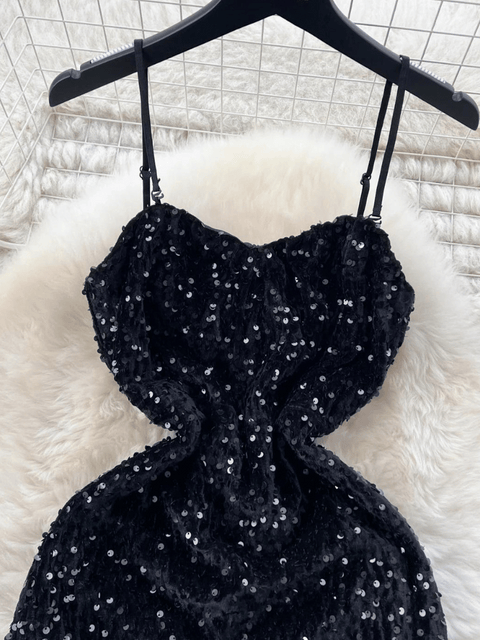 Black Sequin Strapless Dress