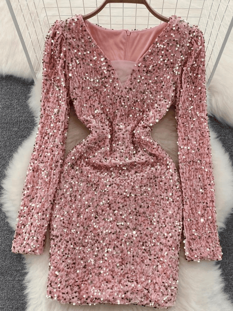 Pink V Neck Sequin Dress