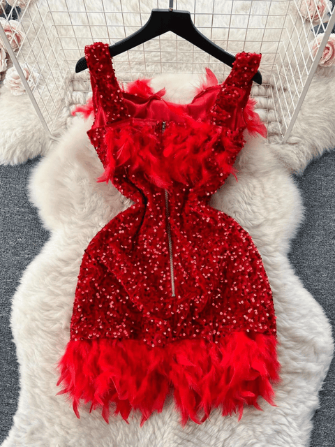 Red Feather Sequin Dress