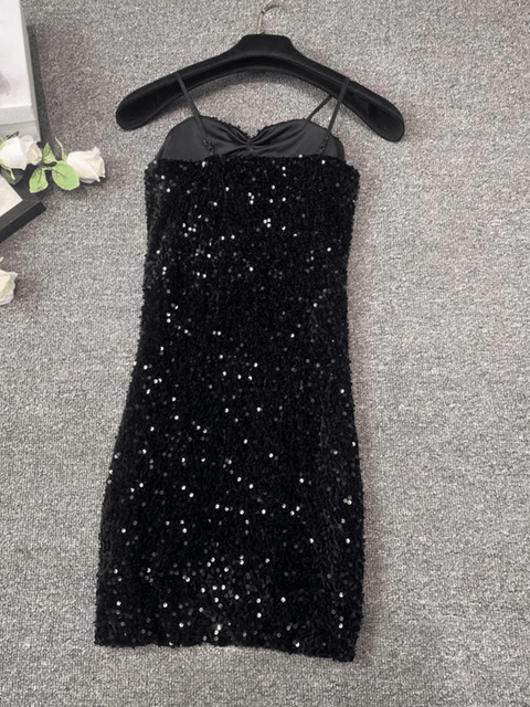 Black Spaghetti Strap Sequin Mini Dress