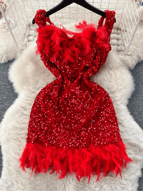 Red Feather Sequin Dress