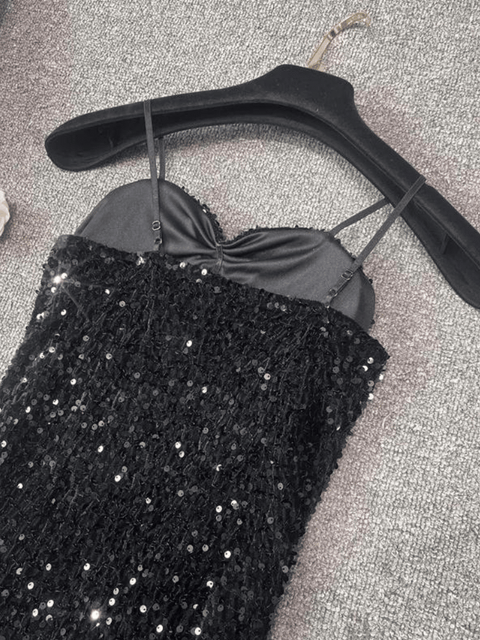 Black Spaghetti Strap Sequin Mini Dress