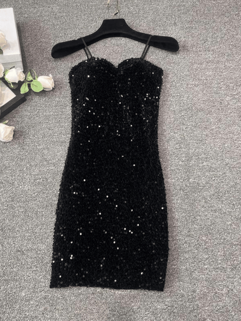 Black Spaghetti Strap Sequin Mini Dress