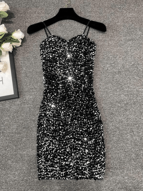 Silver Spaghetti Strap Sequin Mini Dress