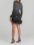 Black Sequin Feather Trim Dress