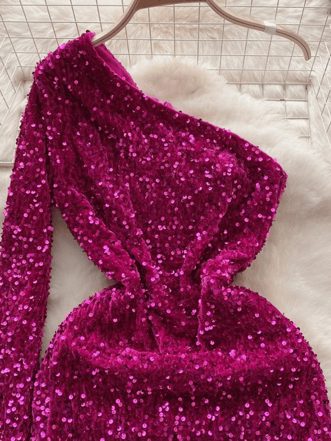 Fuchsia One Sleeve Sequin Dress