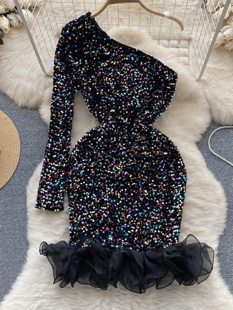 Black One Sleeve Sequin Dress