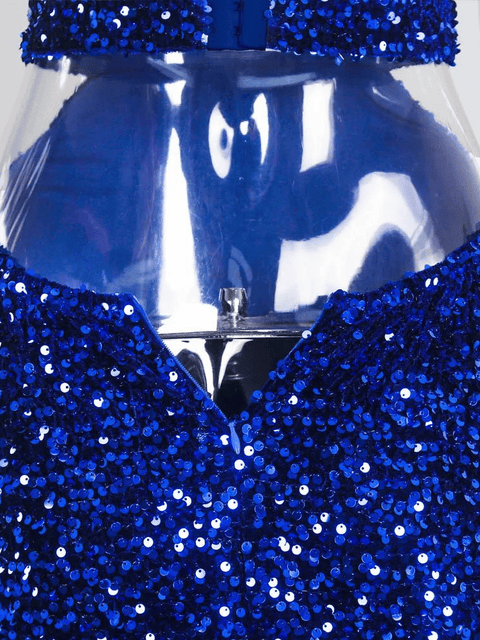 Blue Sequin Strapless Halter Dress