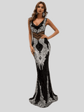 Long Black Silver Sequin Evening Dress