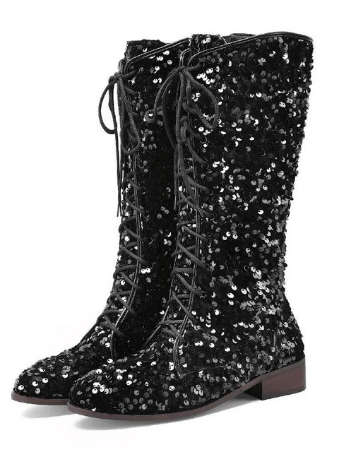 Black Sequin Knee High Boots