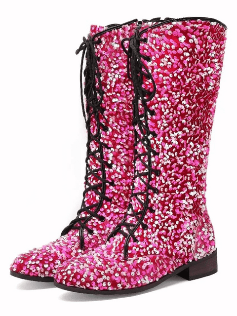 Pink Sequin Knee High Boots