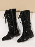 Black Sequin Knee High Boots