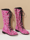 Pink Sequin Knee High Boots