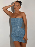 Blue Sequin Two Piece Set Top And Skirt