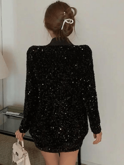 Black Sequin Two Piece Set Blazer And Dress