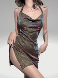 Khaki Sequin Halter Dress