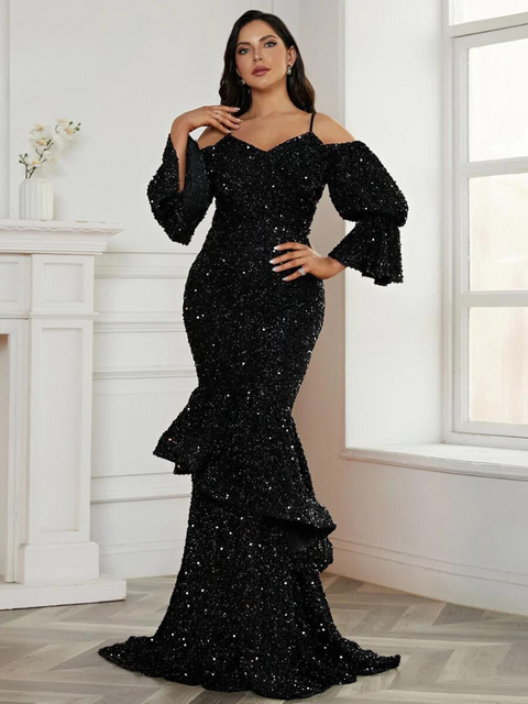 Black Sequin Dress With Flared Sleeves